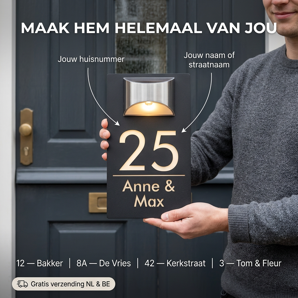 HomeGlow™ | Gepersonaliseerd Huisnummerbord met Solar Verlichting