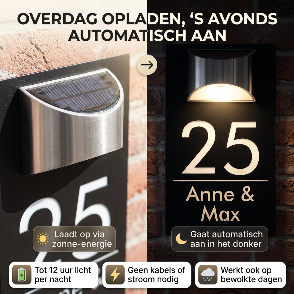 HomeGlow™ | Gepersonaliseerd Huisnummerbord met Solar Verlichting